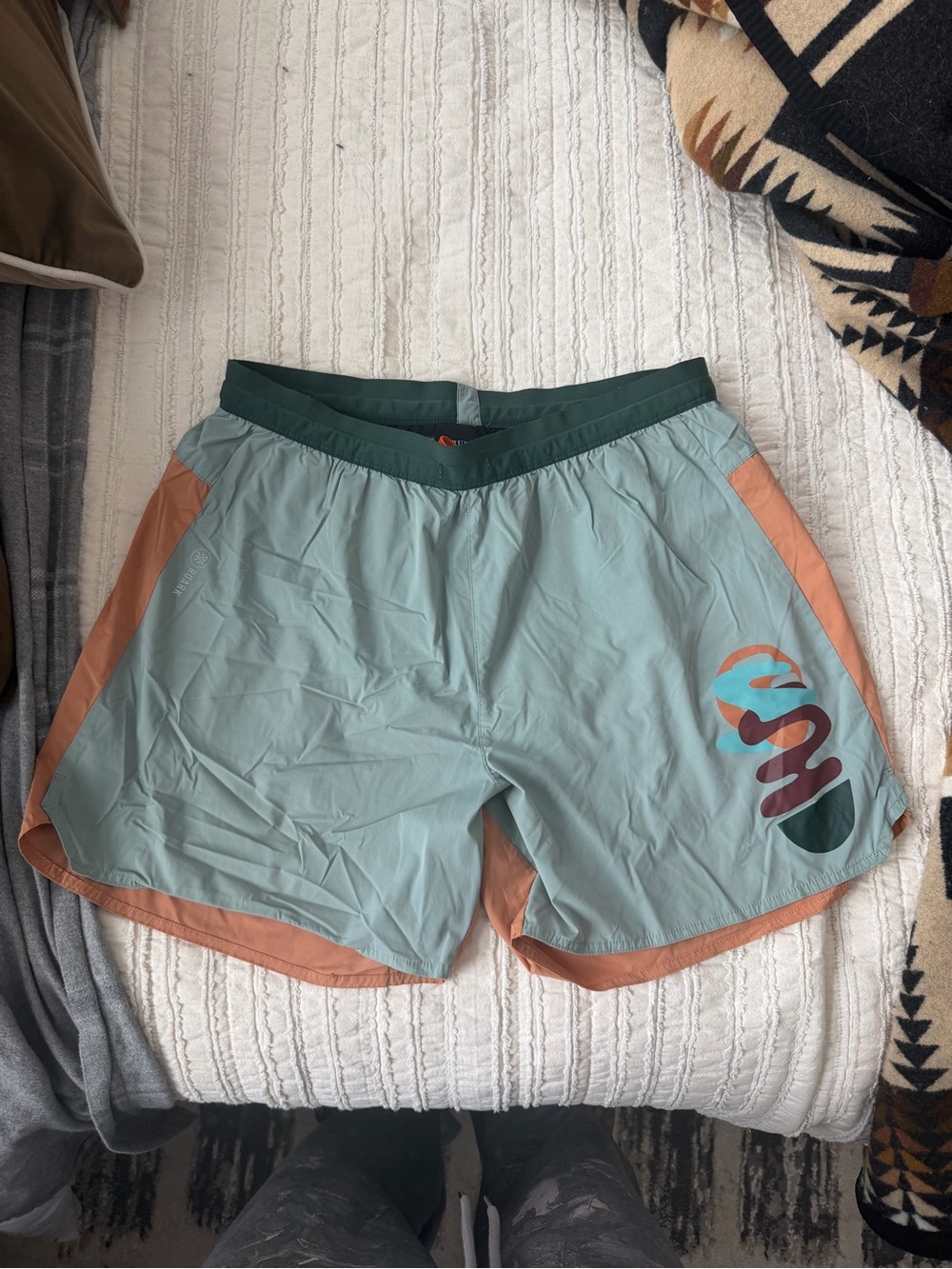 Roark Light Blue & Peach Athletic Shorts with Dark Green Waistband
